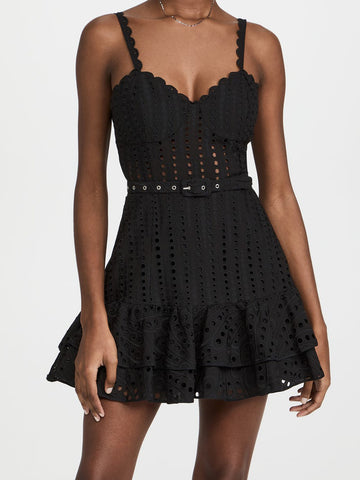 Woochic robe courte col en V bretelles brodées à volants taille haute noir S
